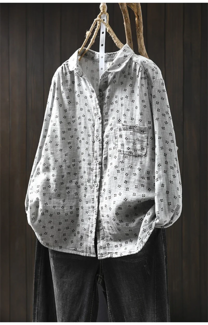 Sweet Snow Dots Print Shirt, Double Layers, Cotton Yarn, Peter Pan Collar, Long Sleeve, Casual Blouse Shirt