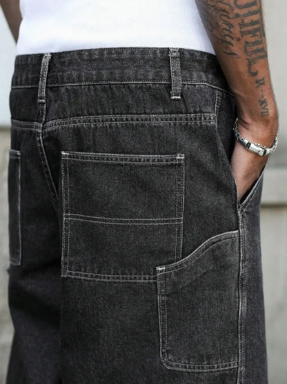 Men's Summer Black-Grey Loose Baggy Denim Shorts
