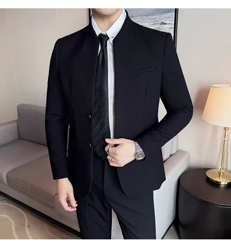 New Waffle Chinese Stand-Up Collar Blazers Men Slim Fit Business Casual Fashion Suits Jacket Formal Social Prom Party Tuxedos