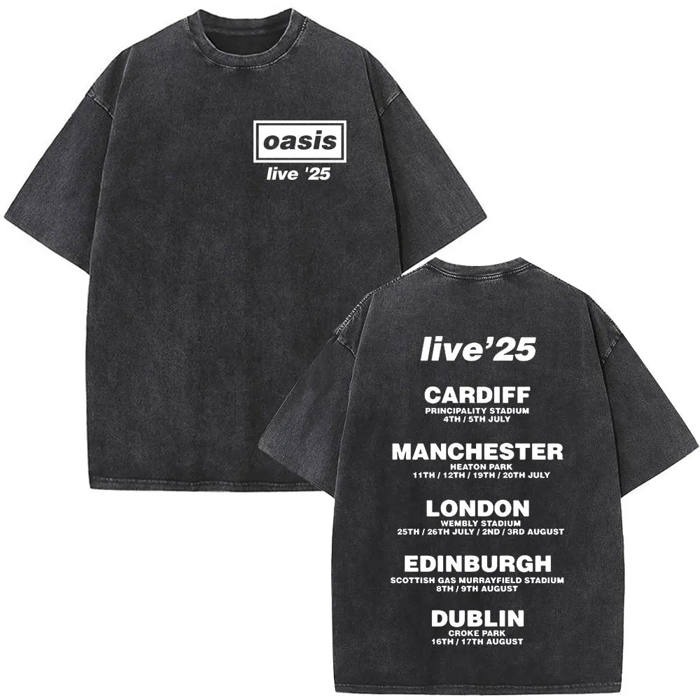 O-Oasis T-Shirts British Rock Band Vintage Washed T-shirt Men Women Clothing Cotton Casual Short Sleeve T Shirts Tops Streetwear