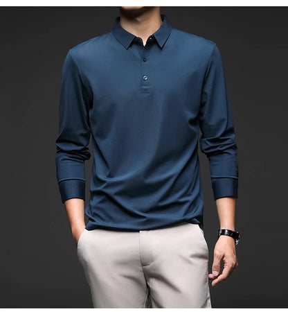 Mulberry Silk Men's Polo Shirts Luxury Long Sleeve Solid Color Golf Male T-shirts Spring Autumn Business Casual Man Tees