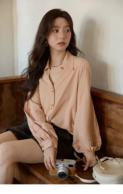 Women's Shirt Lantern Sleeve Hollow Out Tops 2025 Autumn Single Breasted Solid Shirts Lapel Shirt Office Lady MXE41C2359