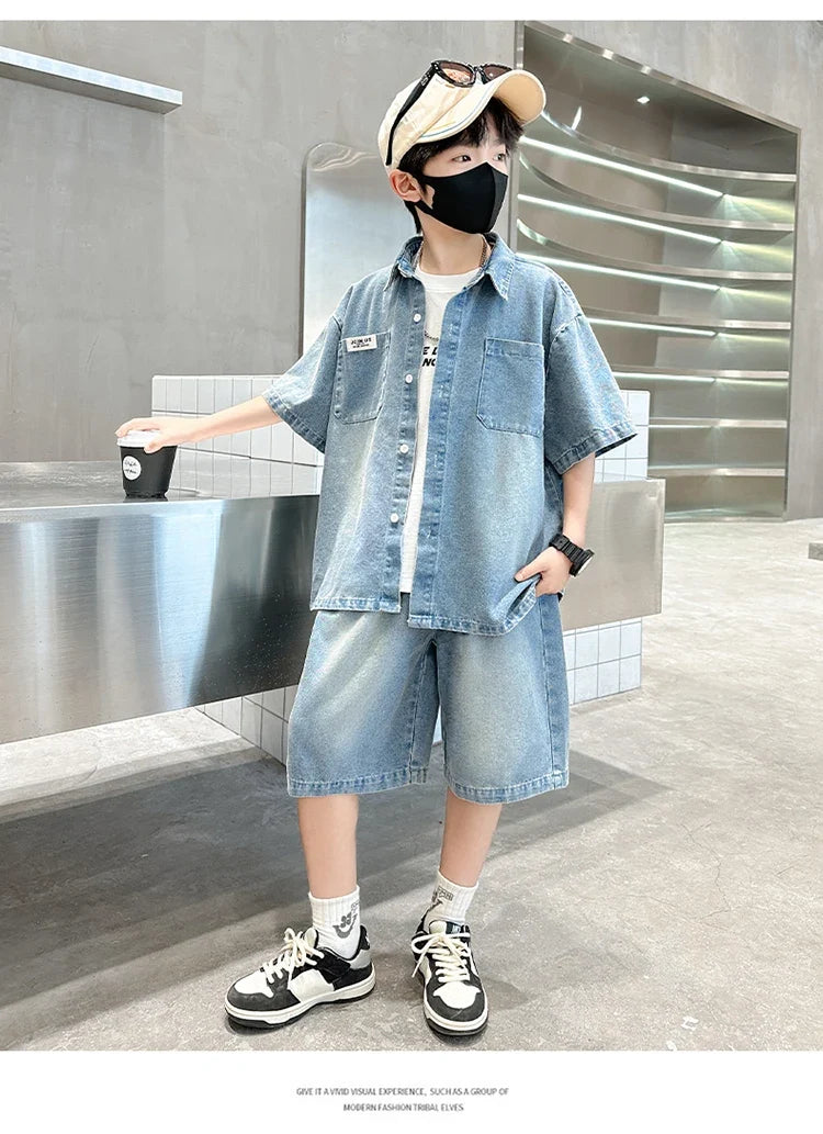 High Fashion Kids Summer Suit for Boy with Denim Shorts Two Pieces Tracksuit Children Casual Top and Bottom Clothing Set 5-14 Y