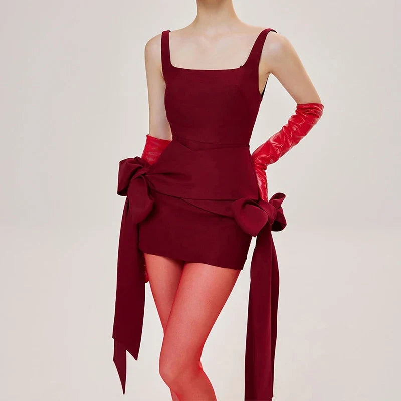 Fashion Red Bowknot Mini Dress Straps Square Collar Sleeveless Backless Vintage Cute Ladies Slim Party Short A-line Dresses