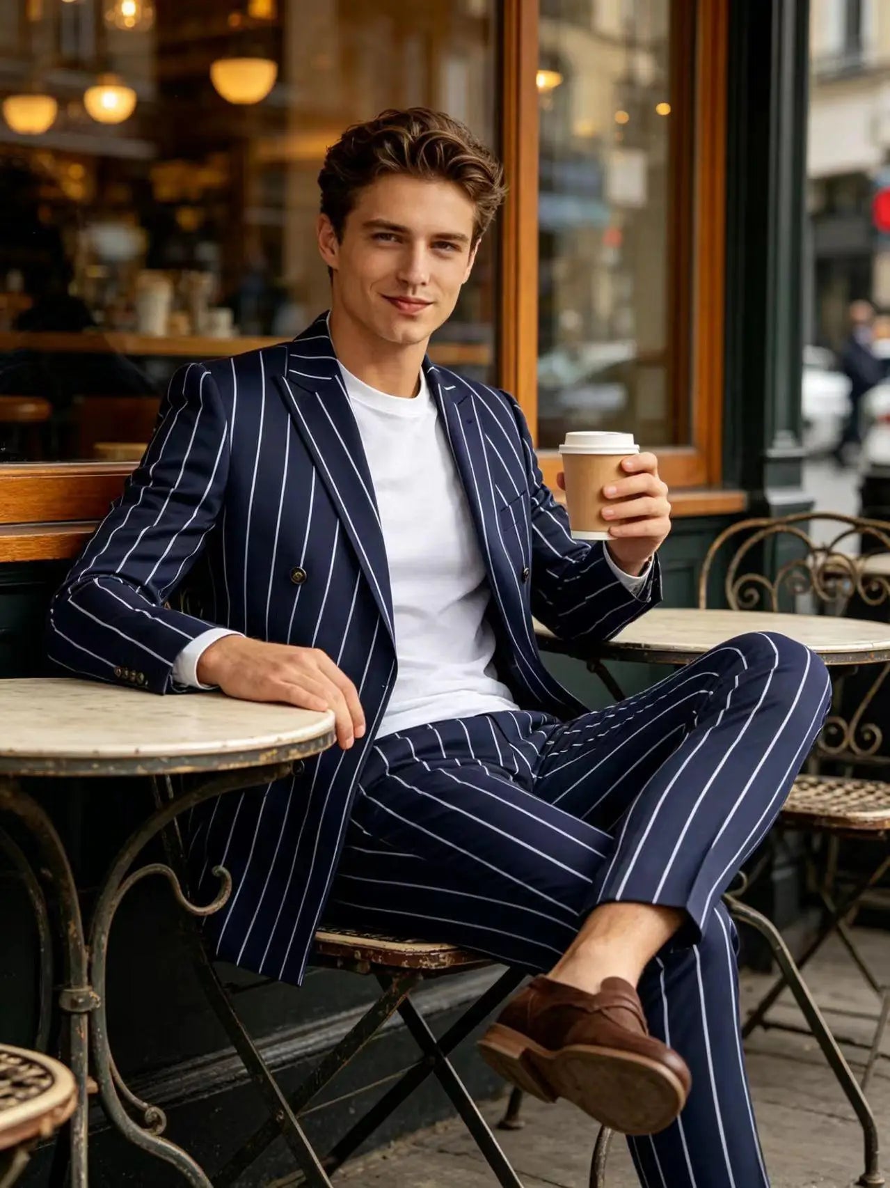 Men's Pinstripe 2 Piece Suit Set Double Breasted Peak Lapel Slim Fit Striped Tuxedo Suit For Wedding Prom Business Formal