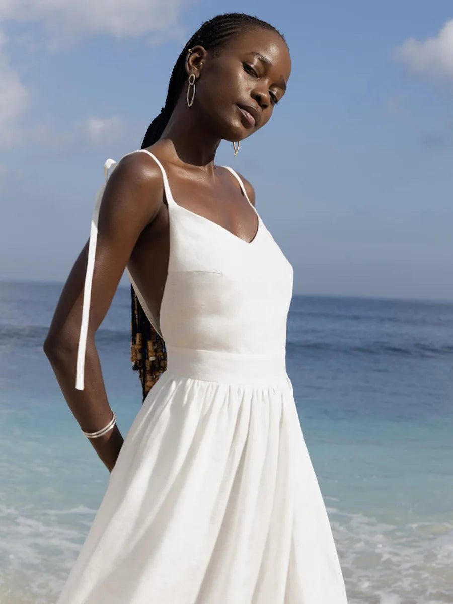 Spring Summer Beach Style Women Dress Vintage Loose A-line Sling Dress Sexy Hot Girl 100% Cotton V-neck Dress