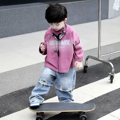 2pcs Set Children's Clothing 2026 Boy Spring Autumn New Korean Version Pink Gradient Base Shirt Fashion Personalized Denim Pants