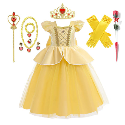 Kids Belle Elegant Costume Girls Halloween Princess Cosplay Party Mesh Dress Children Birthday Clothes Carnival Luxury Ball Gown
