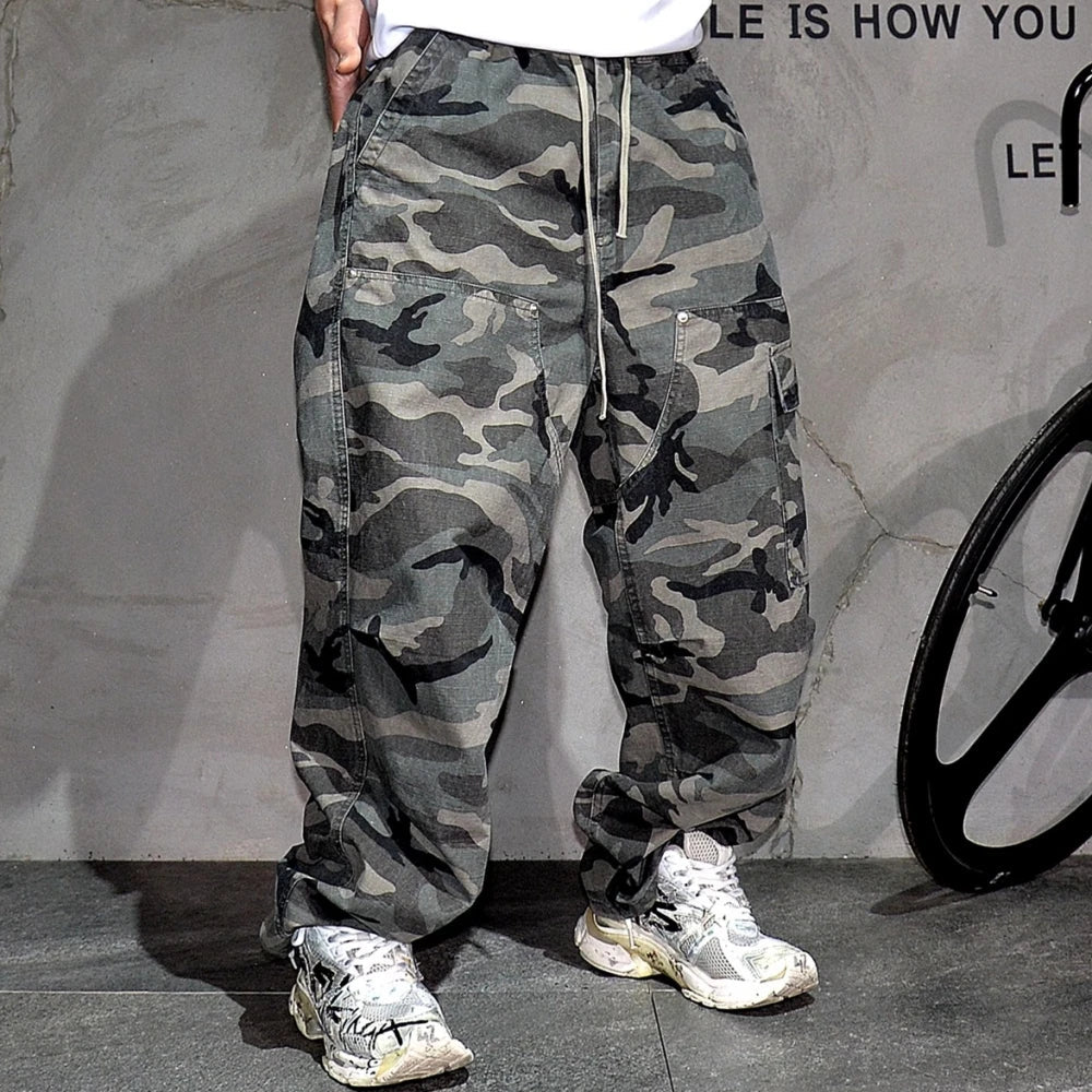 Mens American Tactical Cargo Pants Premium Camo Baggy Loose Fit Vintage Streetwear Korean Style Trendy Workwear Khaki Pants Male