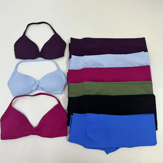 2pcs Seamless Yoga Set Women Yoga Scrunch Leggings Set Strappy Halter Sports Bra Fitness Gym Clothing Workout Set