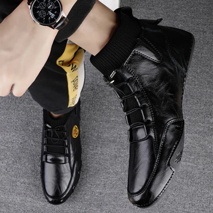 Men's Wear-resistant Boots Casual Classic Genuine Leather Handmade Shoes Ankle Round Toe Lace Up Walking Business Boot