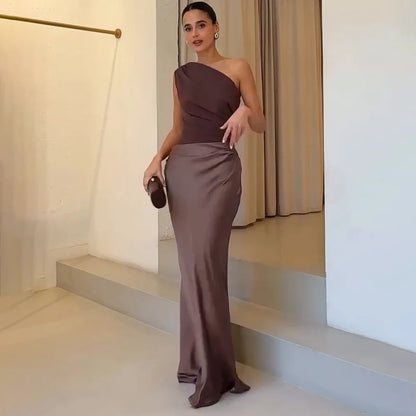 Patchwork Satin Sexy Dress Women One Shoulder Brown Sleeveless Evening Maxi Dress 2025 New Summer Elegant Party Clubwear Dresses