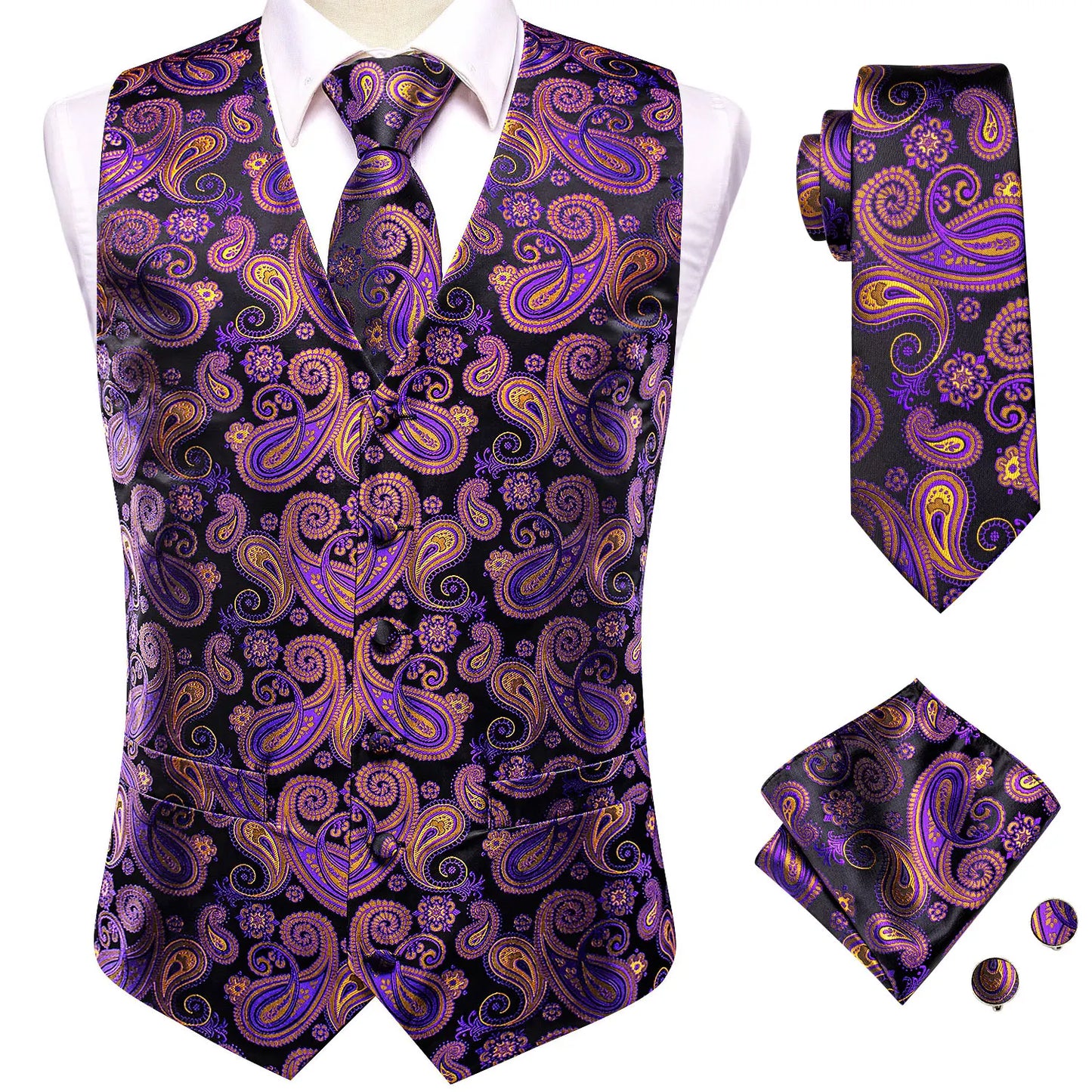 Silk Men's Vests and Tie Business Formal Dresses Slim Vest 4PC Necktie Hanky cufflinks for Suit Blue Paisley Floral Waistcoat