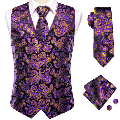 Silk Men's Vests and Tie Business Formal Dresses Slim Vest 4PC Necktie Hanky cufflinks for Suit Blue Paisley Floral Waistcoat
