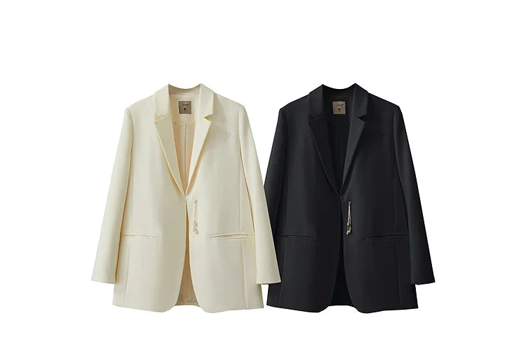 Minimalist Blazer Women 2025 Autumn New Office Lady Turn Down Collar Chain Charm Shoulder Padded Jacket Black Top 12521063