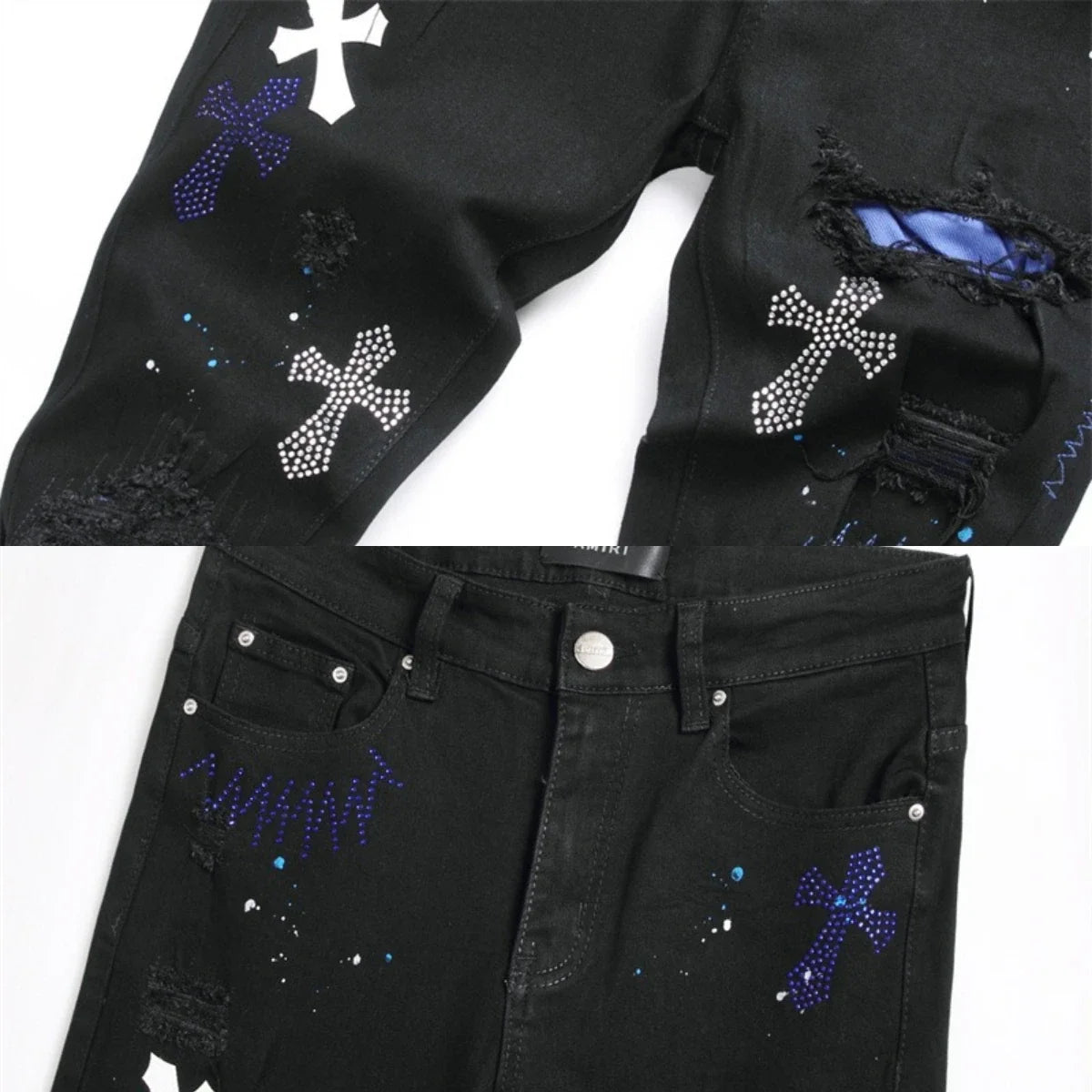 Diamond Cross Jeans Men's Feet Perforated Leather Splice Reflective Shiny Worn Embroidery Pants Silk Lining High Street Luxury 2