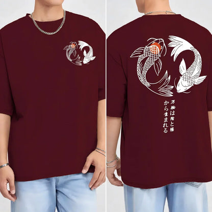 Japanese Koi Harajuku Illustration Pattern T-Shirt Men Summer Casual T Shirt Soft Fashion Short Sleeve Loose Cotton Sportswear