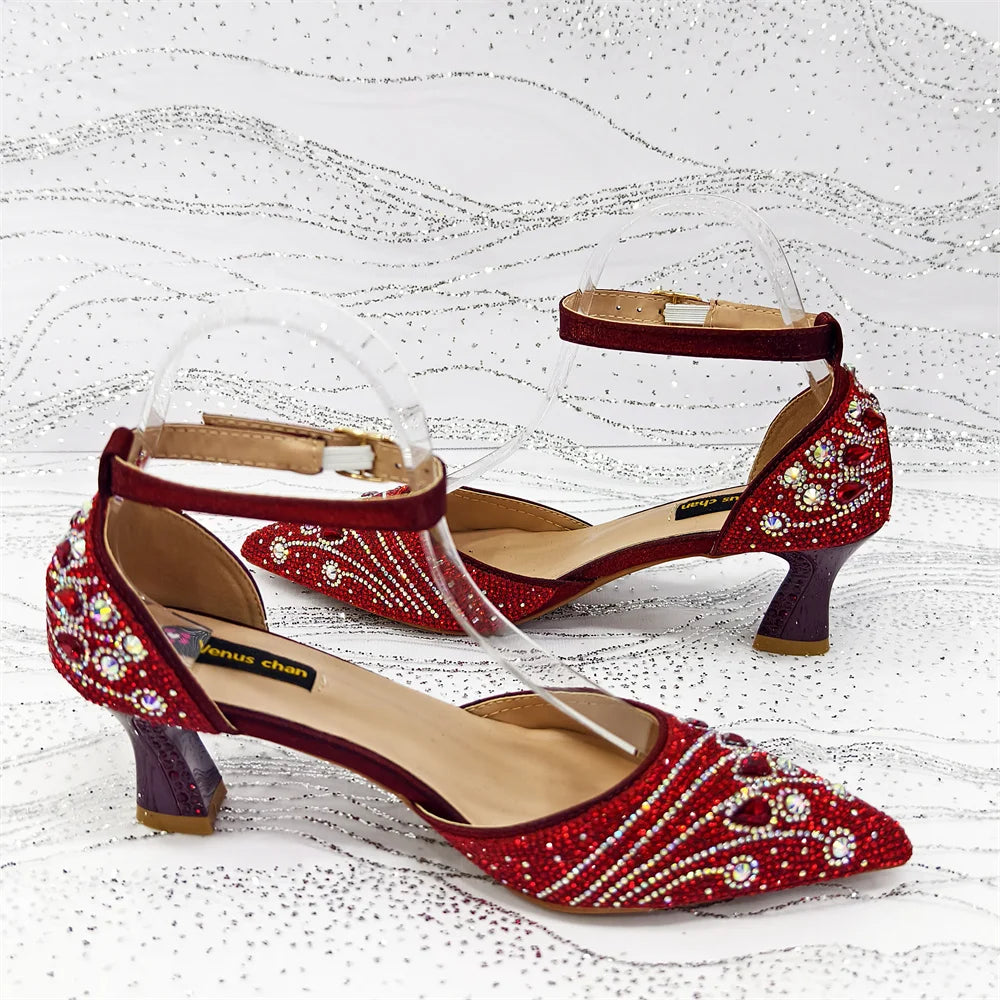 Elegant Italian Rhinestone Pointed-Toe High Heel Shoes with Matching Handbag Set - Stylish & Comfortable Women's Footwear
