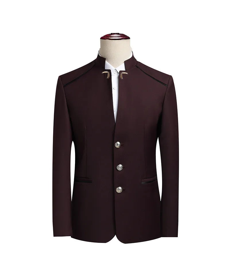 2026 New Men's Stand Collar Long Sleeve Suit Jacket, Asian Size Chinese-Style Slim-Fit Blazer in Dark Blue/Red/Grey/Black/White