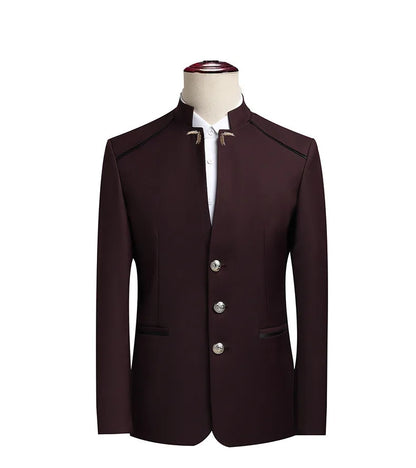 2026 New Men's Stand Collar Long Sleeve Suit Jacket, Asian Size Chinese-Style Slim-Fit Blazer in Dark Blue/Red/Grey/Black/White