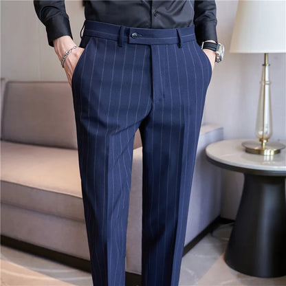 Autumn New Fashion Stripe Men's Suit Pants High Quality Straight Long Classic Business Elegant Slim Fit Casual Trousers 38-29