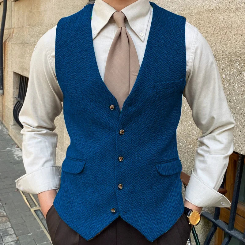 Men Vest Blue Herringbone Solid Color Single Button Waistcoat For Wedding Business Banquet Work Formal Men Suit Vest
