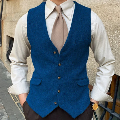 Men Vest Blue Herringbone Solid Color Single Button Waistcoat For Wedding Business Banquet Work Formal Men Suit Vest