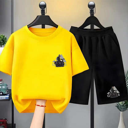 Kids black Summer Leisure Short Sleeve T-shirts+shorts Suits 3-12 Years Boys Girls Casual Outfits Children 2pcs Brand Clothes