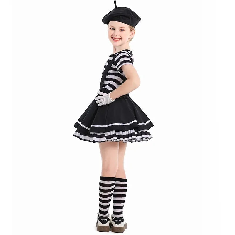 Mime Costume Clown Cosplay Clothing Girls Stage Performance Skirt T-shirt Hat Gloves Halloween Carnival Party Suit ﻿