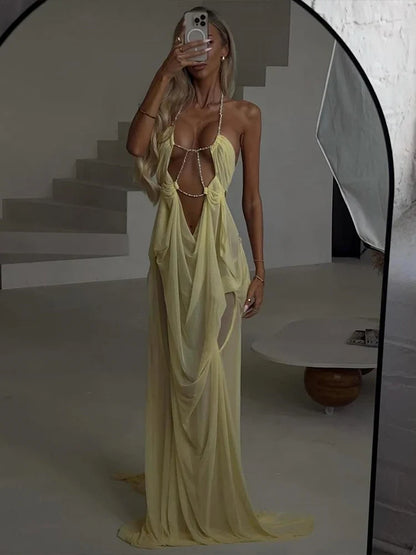 Prom Party Gown Dress Woman Sexy See Through Luxury Chain Halter Low-Neck Backless Sleeveless Midnight Elegant Vestidos