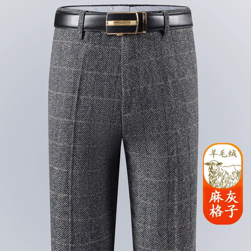Autumn Winter Suit Pants Thicken Mens British Pants Straight Flat Loose High Waist Twill Dress Men Wool Trousers Size 40 42 44