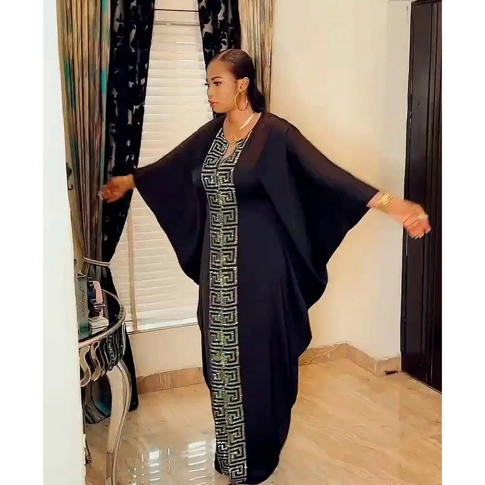 Fashion African Woman Large Size Bat Sleeve Dress Muslim Islamic Style Robe Imitation Silk Hot Fix Rhinestone