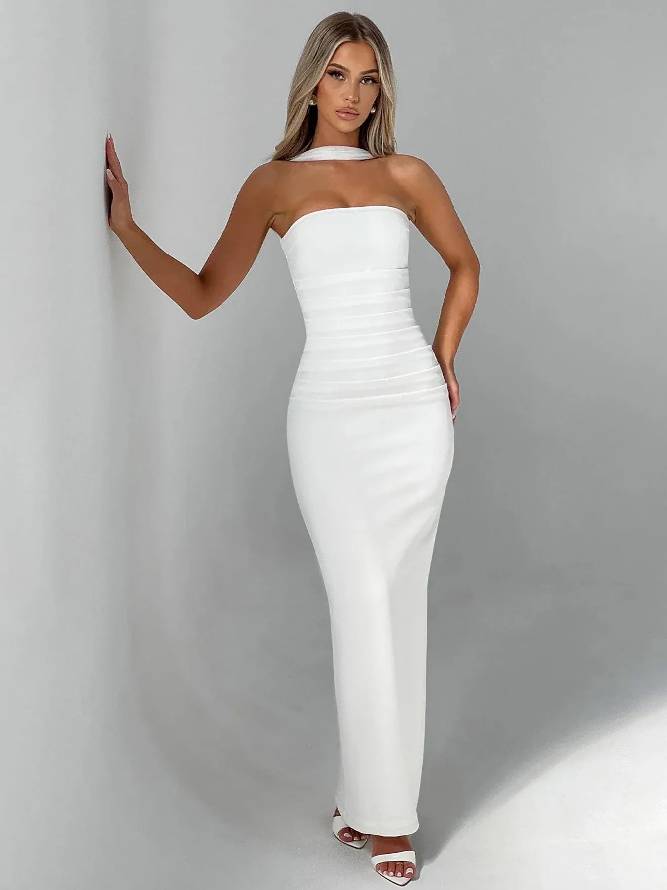 Elegant Scarf Strapless Solid Mesh Gloves Sexy Bodycon Maxi Prom Dress Women Fashion Y2K Outfits Wedding Party Birthday