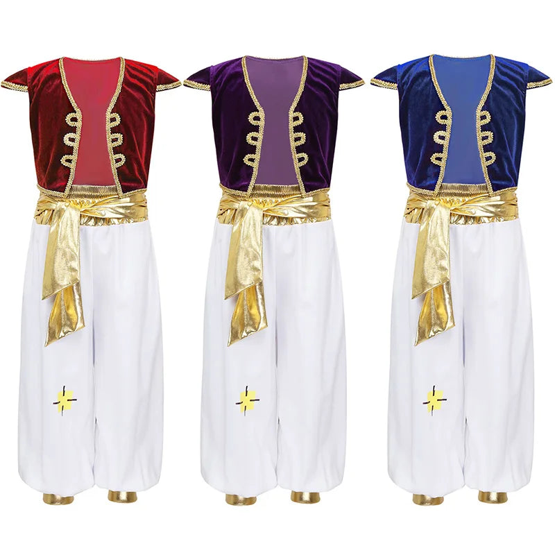Boys Mythical Prince Arabian Carnival Cosplay Outfit Halloween Party Arabian Prince Role Play Waistcoat Vest Top+Belted Pants