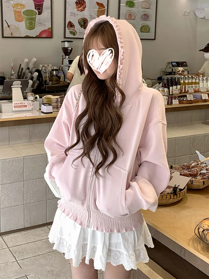 Korean Pink Zipper Hooded Sweatshirt for Women's Cute Outerwear Cardigan with Ruffle Edge Long Sleeved Top Loose Hoodie