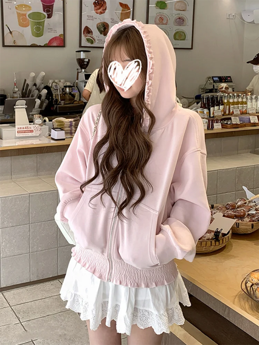 Korean Pink Zipper Hooded Sweatshirt for Women's Cute Outerwear Cardigan with Ruffle Edge Long Sleeved Top Loose Hoodie