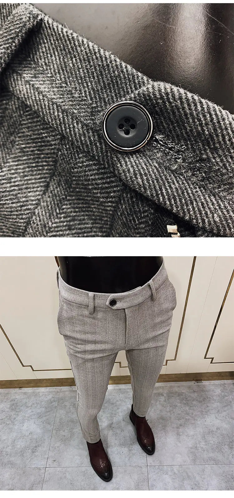 Autumn Winter Striped Woolen Cloth Suit Pants Men Casual Slim Straight Warm Trousers Formal Business Social Office Dress Pants