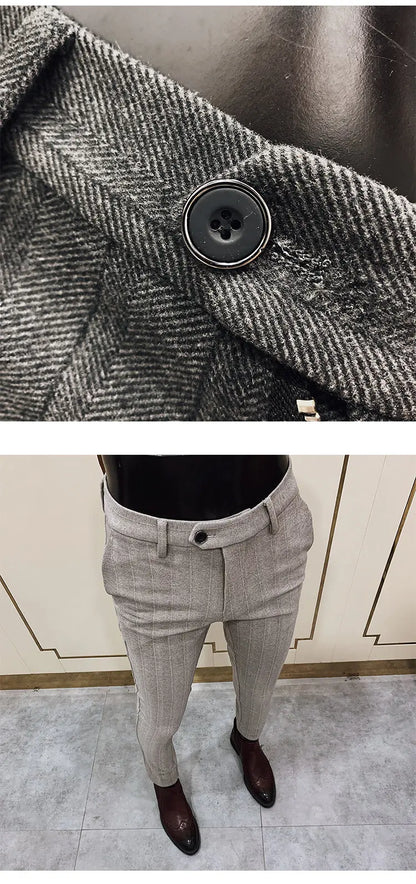 Autumn Winter Striped Woolen Cloth Suit Pants Men Casual Slim Straight Warm Trousers Formal Business Social Office Dress Pants