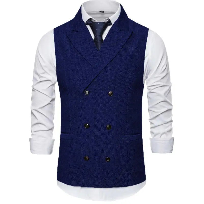 Men Vest Brown Herringbone Double Breasted Buckle Solid Business Casual Waistcoat Regular Slim Banquet Men Suit Vest