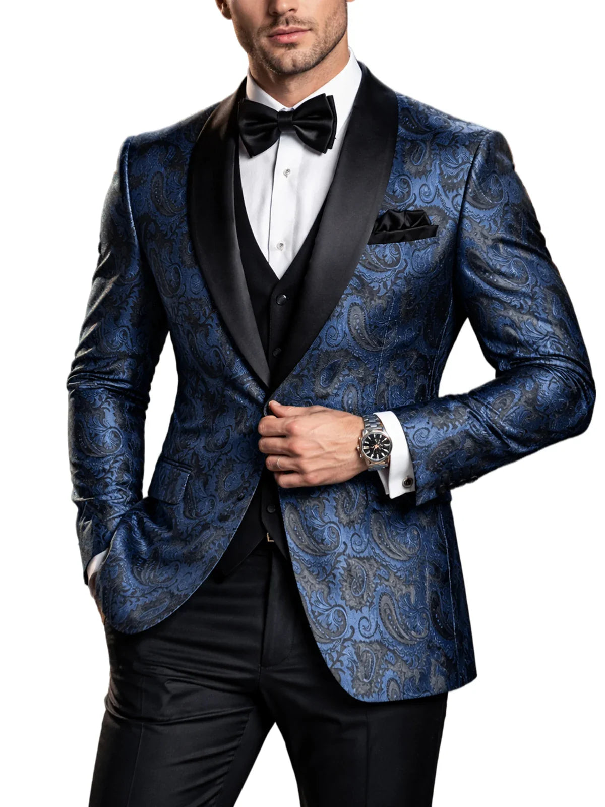 Men's Shiny Paisley Jacquard Tuxedo Blazer Slim Fit Shawl Lapel One Button Formal Prom Jacket for Wedding Groom Party