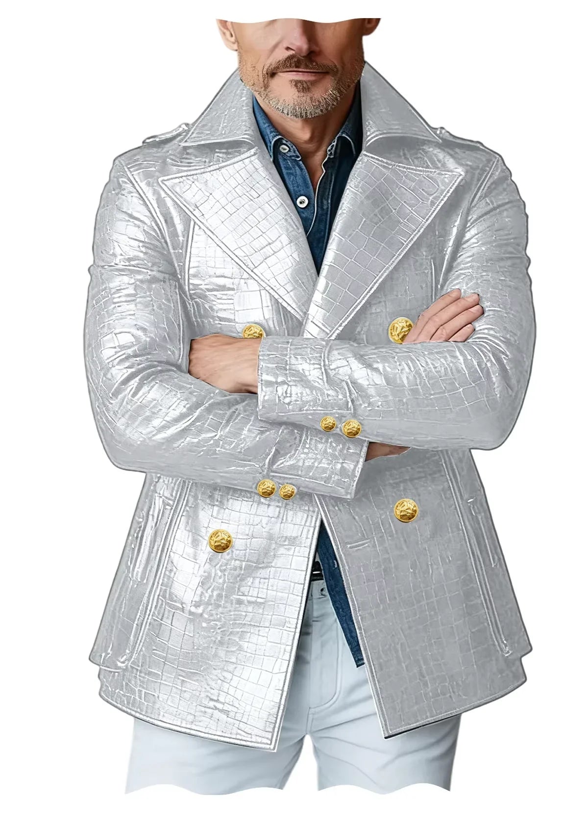 Men's Crocodile Embossed Leather Peacoat Double Breasted Gold Button Jacket Luxury Casual Overcoat