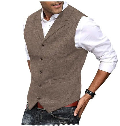 2026 Men's Business Woolen Suit Vest Fashionable British Retro Twill Vest Workwear Slim Fit Vest Elegant Classic Style Black