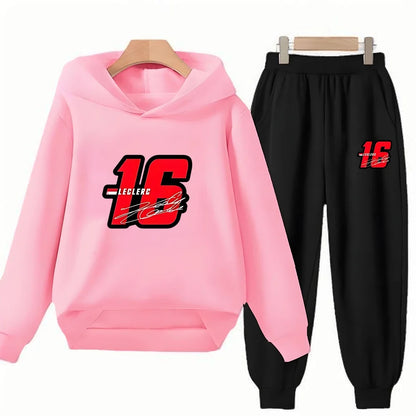 Children Hoodie Racing Sports driver number 16 Boys Girls Print Pullover 3-12Yrs Coat +Pants Toddler Clothes Leisure Black Set