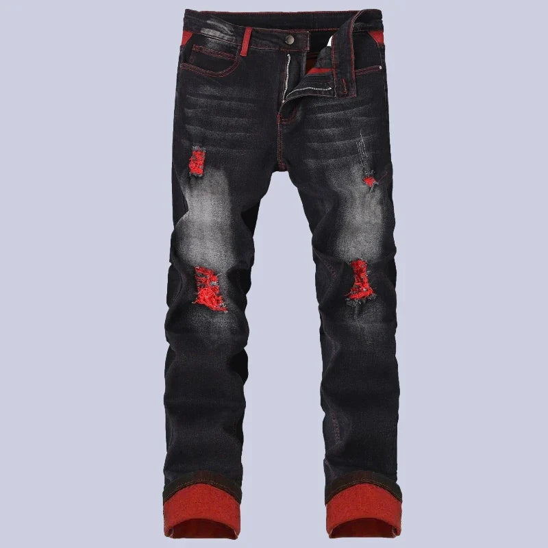 Men's Elastic Patch Style Jeans Black Red Design Slimming Men's Clothing Cozy Denim Pants Personalized Hip Hop Trend Trousers