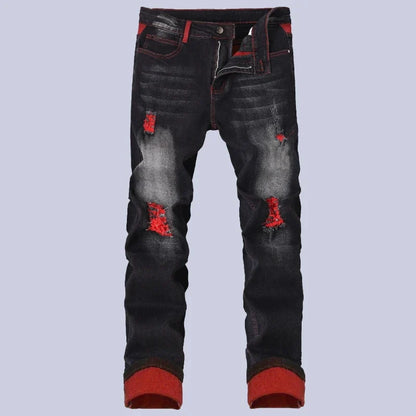 Men's Elastic Patch Style Jeans Black Red Design Slimming Men's Clothing Cozy Denim Pants Personalized Hip Hop Trend Trousers