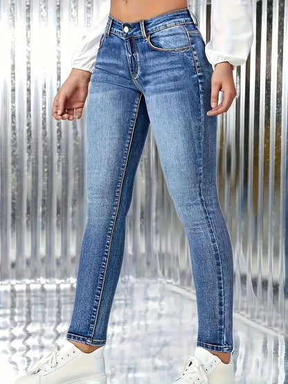 Y2K High Waist Blue Skinny Jeans for Women Elastic Retro Style Denim Pants Simple Classic Design
