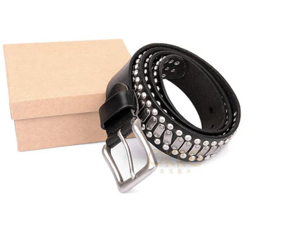 3.8CM Real Genuine Leather Belt Metal Pin Buckle Men Belt Male Wide Cowhide Hiphop Rock Rivet Belts for Men Ceinture Black