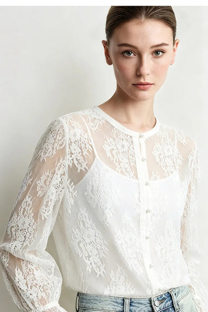 Lace Women's Blouse 2026 Autumn Crew Neck Sheer Long Sleeve Tops For Woman Lightweight Breathable Vacation Shirt 12643002