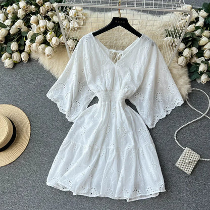White/Purple/Blue V Neck Summer New Lace Embroidery Dress Women Short Sleeves Dresses Female Vintage Party Beach Midi Dresses