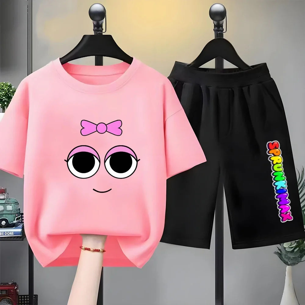 Summer Boys Girls Age 3-12 Tee+Shorts Suit Children Short Sleeve T-Shirts Child Casual Pink Black Clothes Sprunki Graphics